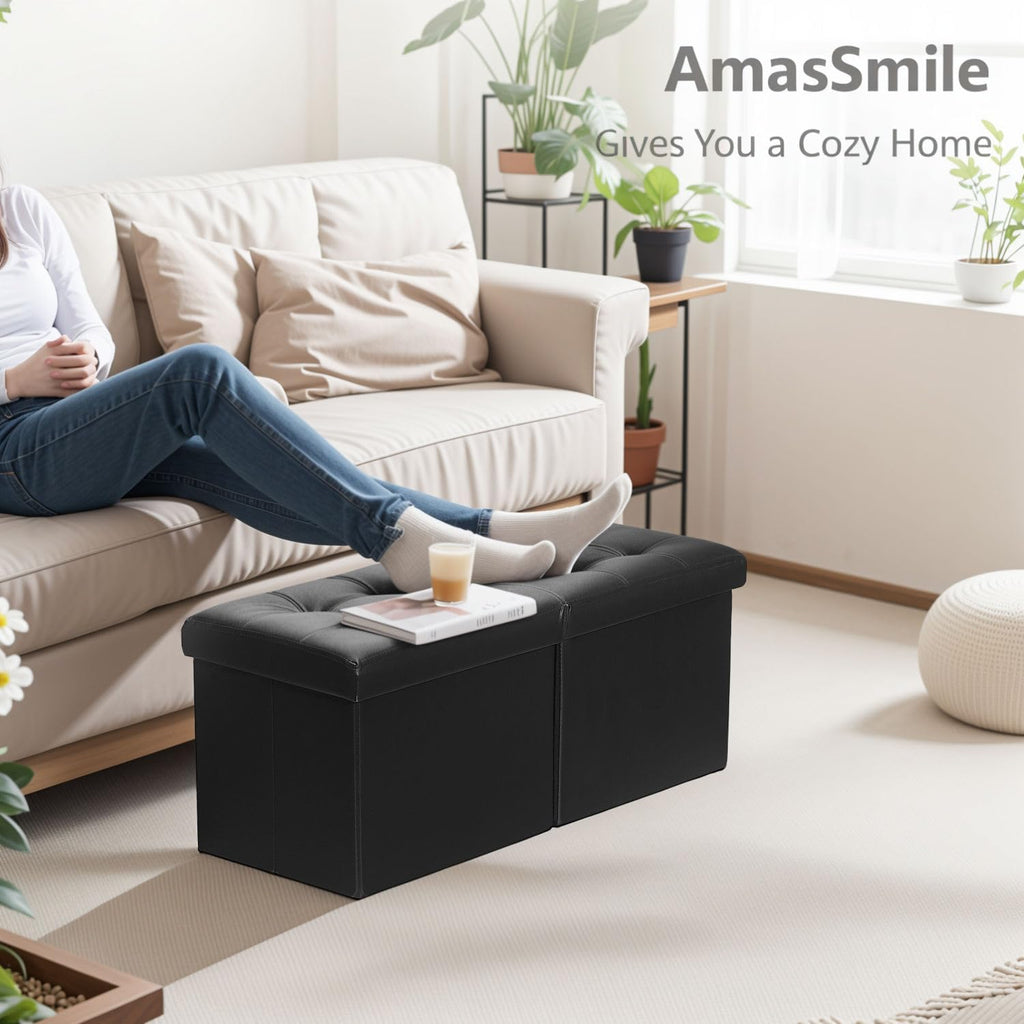 Footrest Ottoman Storage Bench, 34" Leather Folding Chest, Black