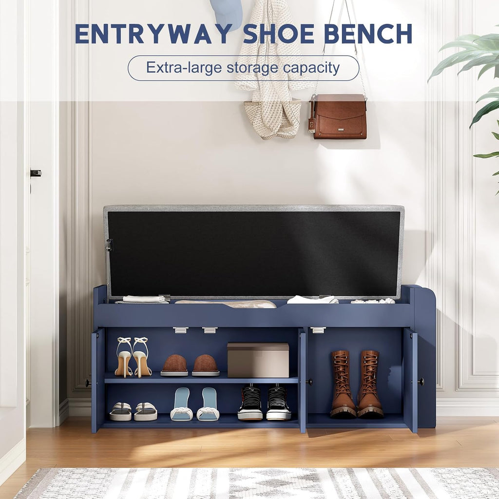 42.6" Entryway Shoe Storage Bench with Padded Seat, 3 Doors and Side Shelves, Lift Top Storage Bench for Shoes