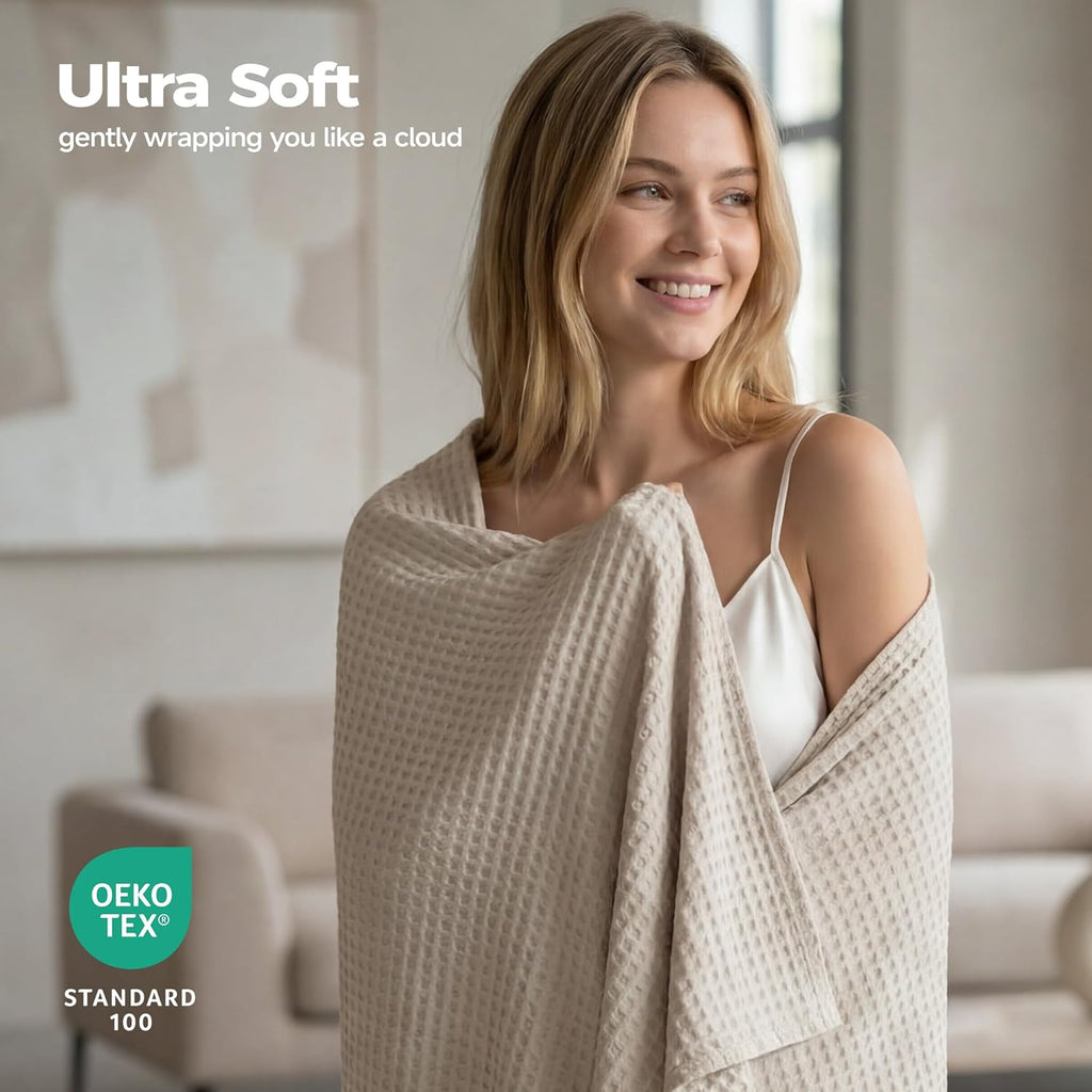 Waffle Cooling Throw Blanket, Lightweight Breathable Summer Blanket for Hot Sleepers and Night Sweat, Khaki