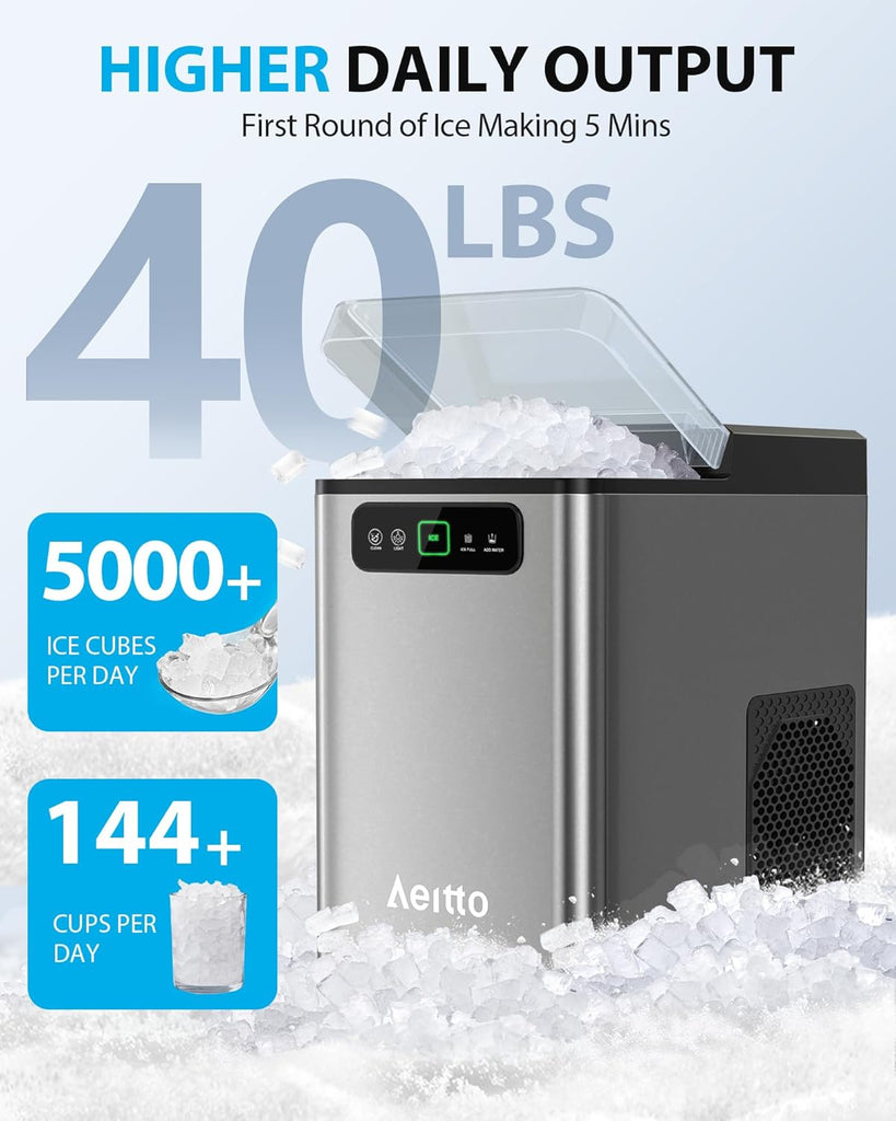 Nugget Ice Maker 40Lbs/24H, Countertop Soft Chewable Ice Pebble Ice Machine, One-Click Operation, Auto Self-Cleaning