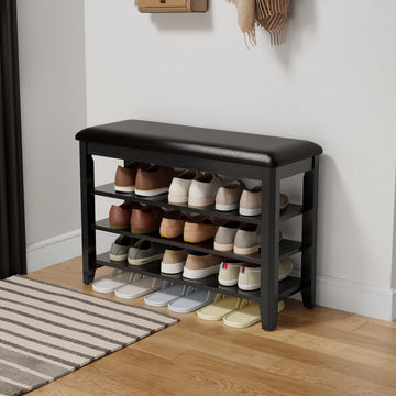 Shoe Bench with Leather Cushion, 3 Tiers Shoe Storage Bench Height Adjustable, Walnut Wood Entryway Bench, Mudroom