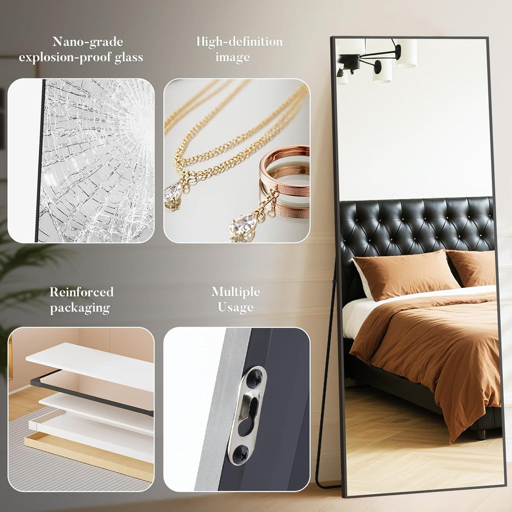 Wall-Mounted Full Length Mirror 25"x 71" , Full Body Floor Mirror with Stand, Hanging or Leaning for Wall, Black