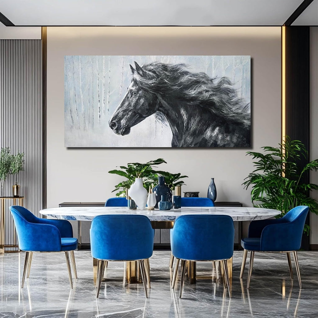 Extra Wide Panoramic Horse Canvas Wall Art, Black and White Equine Portrait Artwork, Misty Birch Forest, Rustic