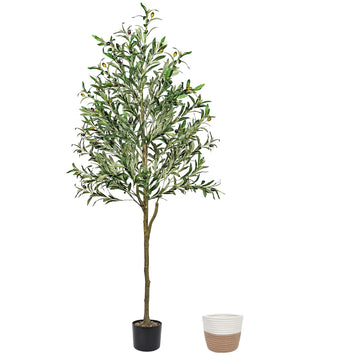 6FT Artificial Olive Tree Plants Indoor in Cotton Rope Basket with Natural Pebbles, Large Tall Faux Plant with