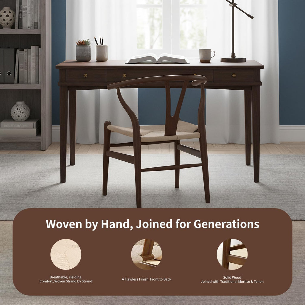 Wishbone Chair, Weave Solid Wood Mid-Century Modern Y Shaped Backrest Dining Chair (Walnut Set of 2)