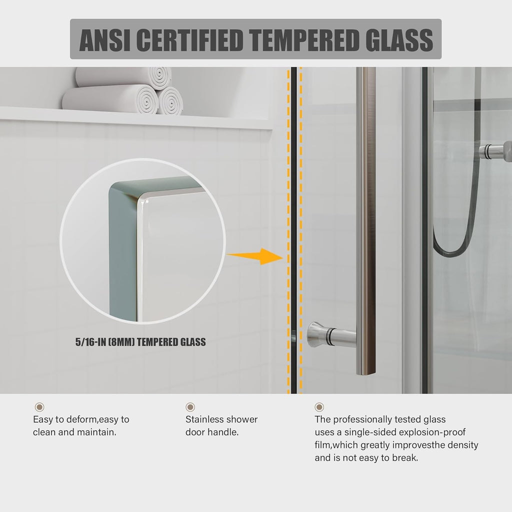 Frameless Shower Door 56-60" W x 76" H, Glass Shower Door with 5/16" (8mm) Clear SGCC Tempered Glass