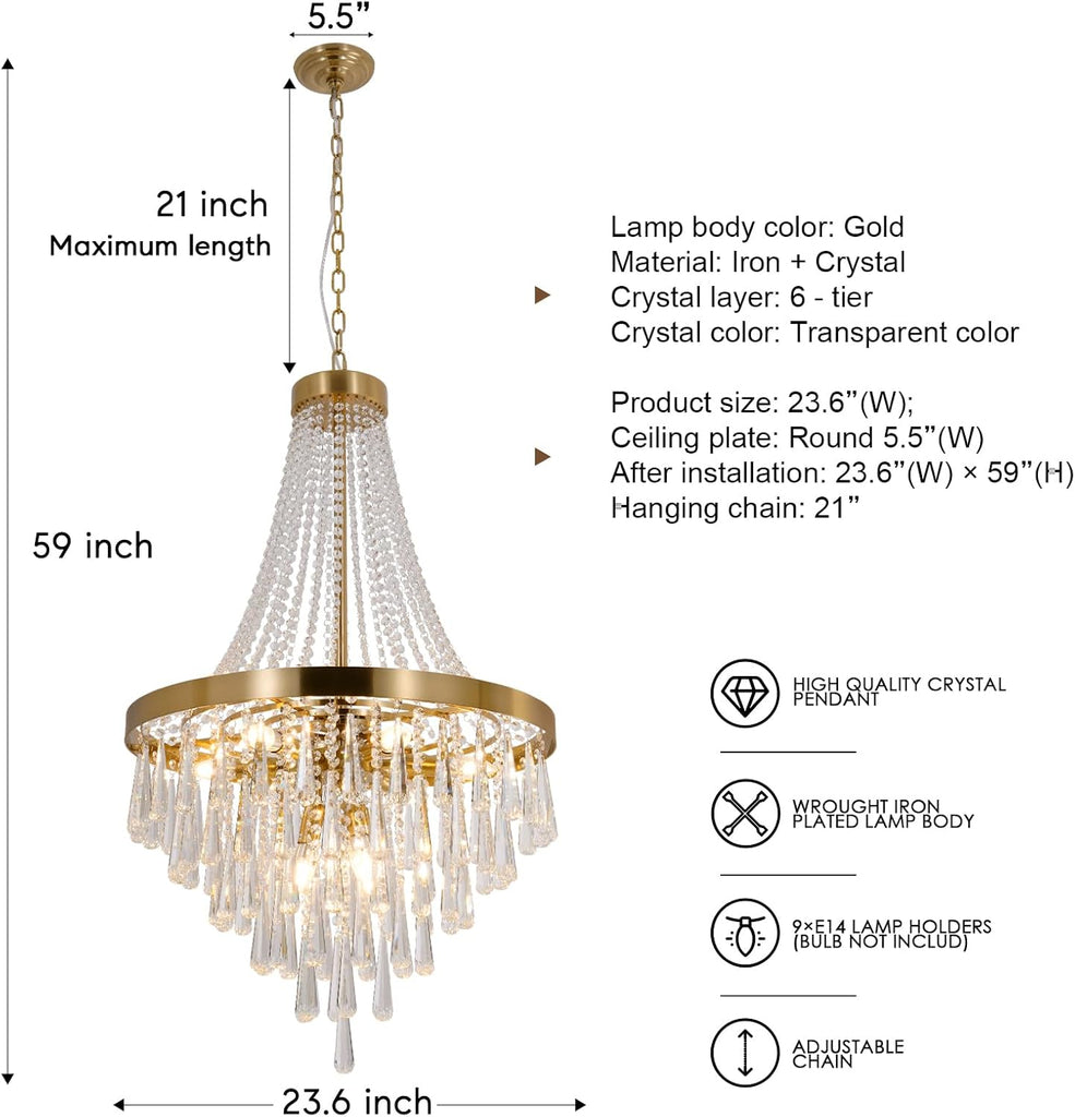 Gold Crystal Chandelier Light, 9-Lights French Empire Chandeliers Lighting for High Ceiling Hanging Pendant for Dining Living Room Foyer Kitchen Bedroom Entryway, Brushed Brass, Golden