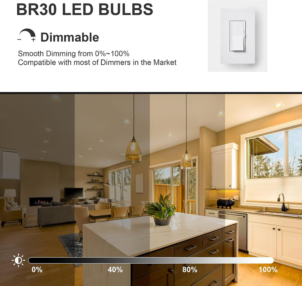 6 Pack BR30 Flood LED Light Bulbs, 2700K Warm White, 65W Equivalent, E26 Base Recessed Can Light Bulbs, Dimmable