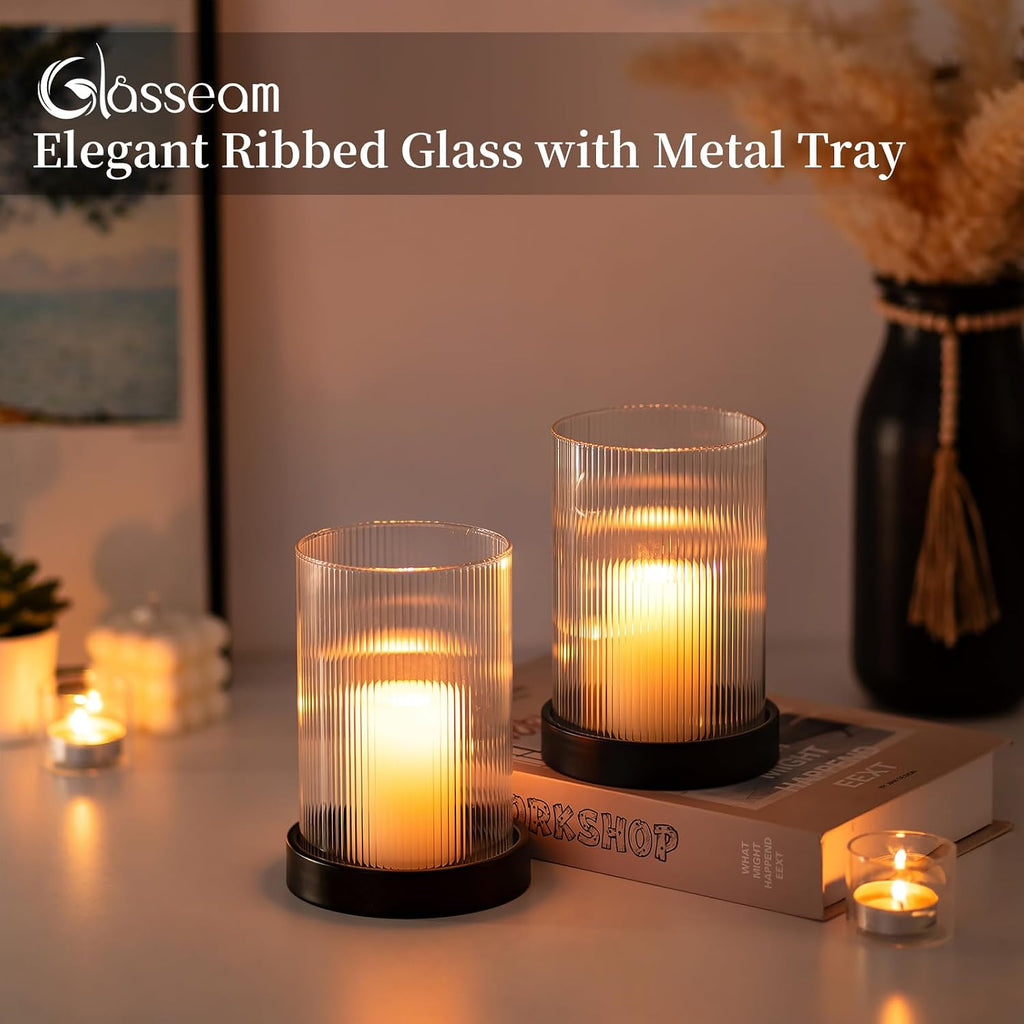 Hurricane Candle Holder 2Pcs Black Candle Tray with Glass Cylinder | 3.94''x5.71'' Ribbed Open-End Sleeve, Fit 4''