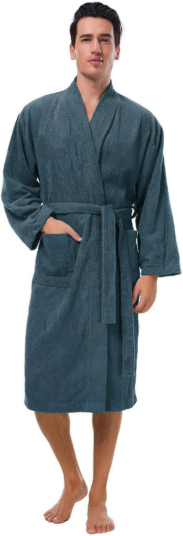 Men's Terry Cotton Robe, Absorbent Kimono Towel Bathrobe for Spa and Hotel, Soft Shower Calf Length Cloth with Pockets