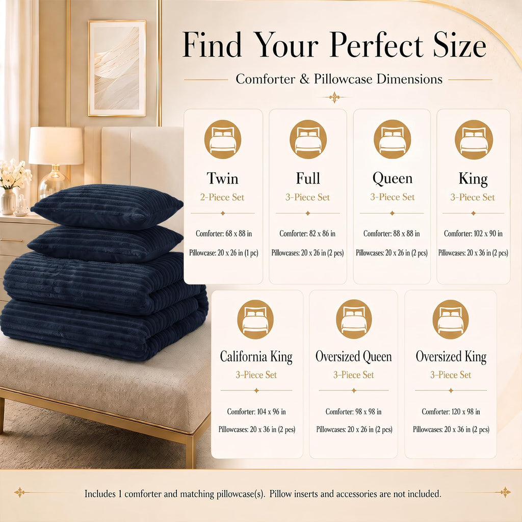 Fleece Oversized Comforter Sets, 3 Piece Navy Blue Bedding