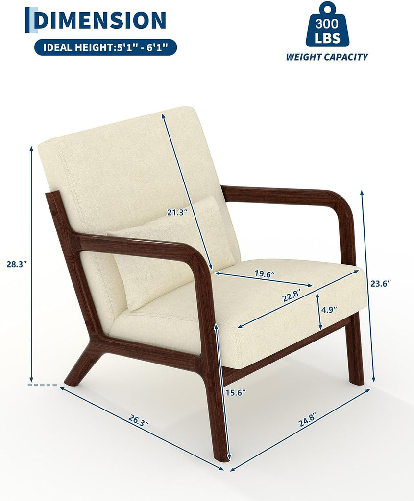 Mid-Century Modern Accent Chair, Chenille Upholstered Armchair with Wood Frame and Lumbar Pillow, Cozy Reading Chair