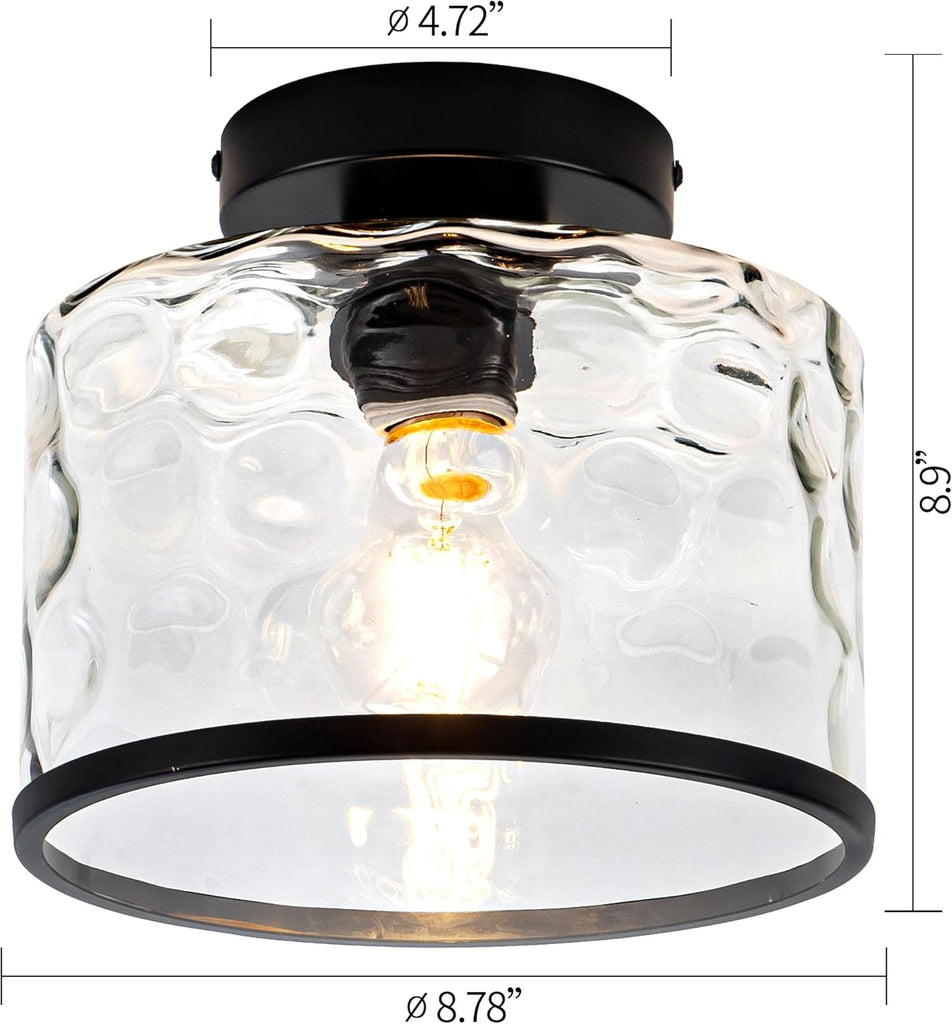 Glass Ceiling Light, Black Semi Flush Mount with Hammered Glass Shade, Farmhouse Light Fixture