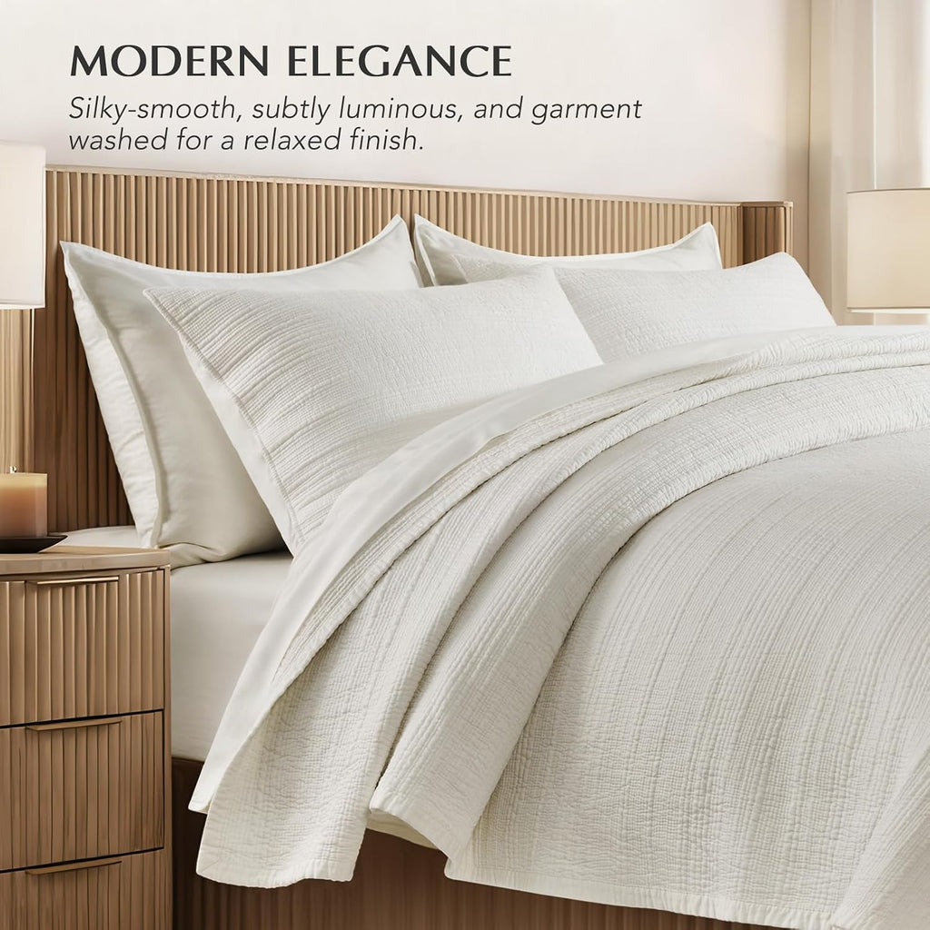 Channel Stitch 100% Cotton Quilt Set, Pre-Washed Cotton Sateen Coverlet Bedspread, 3-Piece Soft & Breathable