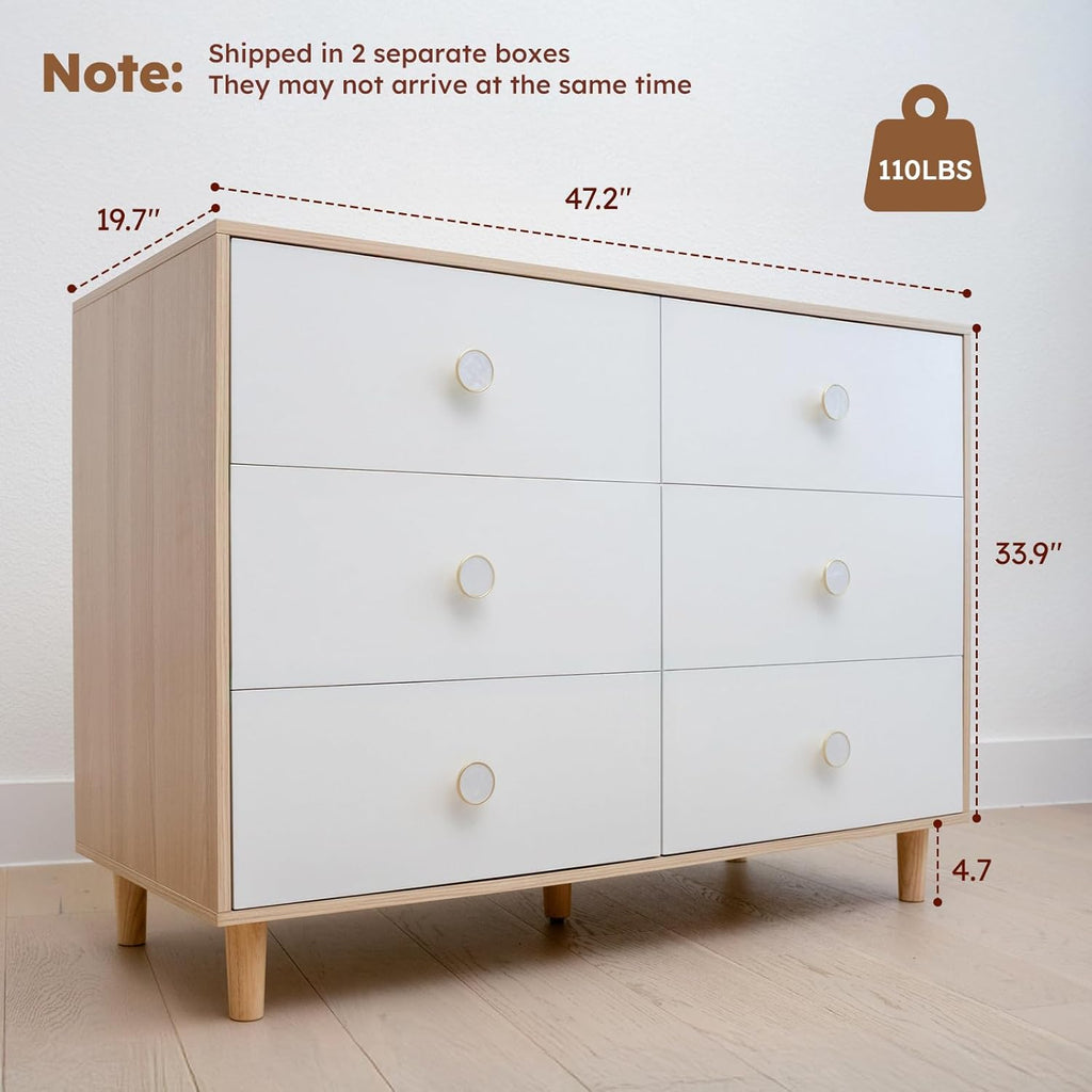 White Dresser , 6 Drawer Dressers with Solid Wood Legs, Baby Dresser for Kids, Storage for Clothes and Baby Essentials
