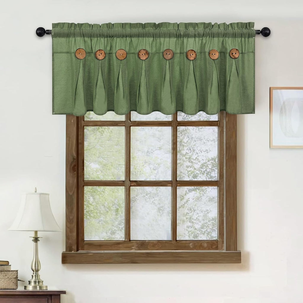 Farmhouse Valance Curtains, Boho Cotton Linen Kitchen Valance, Olive Green Rustic Button Window Valances for Kitchen
