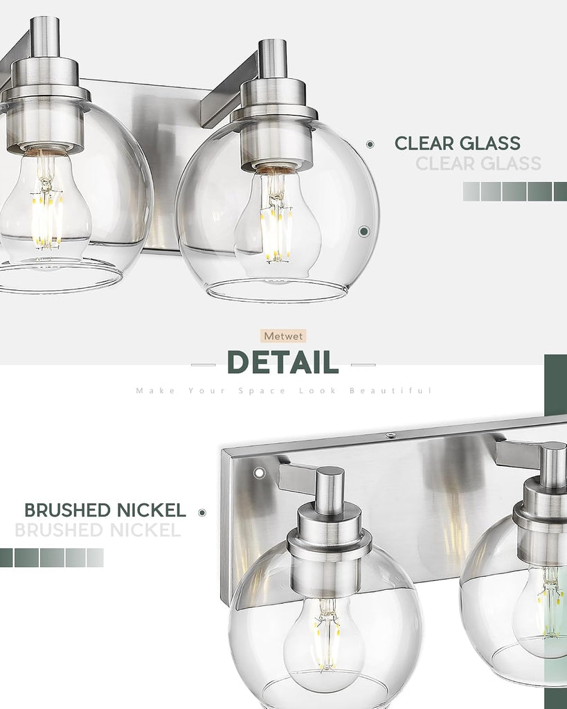 4-Light Brushed Nickel Bathroom Vanity Light, Clear Glass Globes | 26" modern bathroom light fixtures over mirror