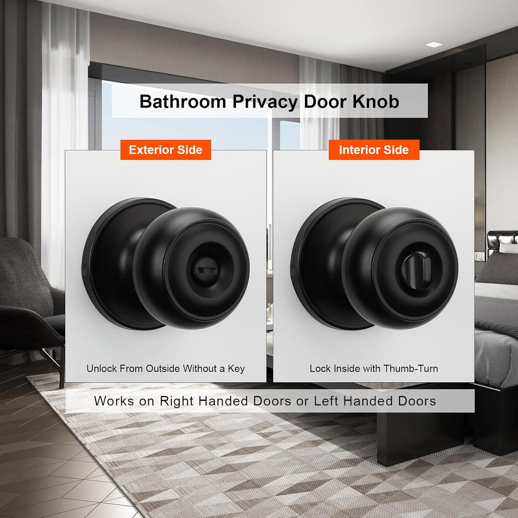 6 Pack Matte Black Door Knobs Interior Privacy, Black Interior Door Knobs or Bathroom Classic Round Doorknobs Hardware