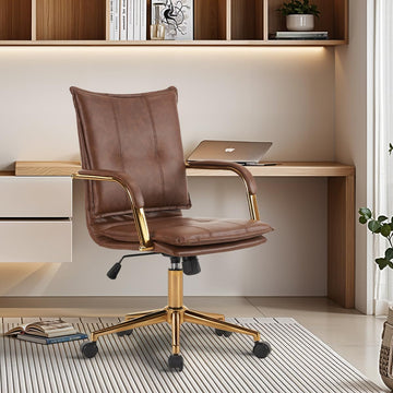 Mid-Back Ergonomic Leather Office Desk Chair, Modern Upholstered Computer Chair, Executive with Arms, Swivel