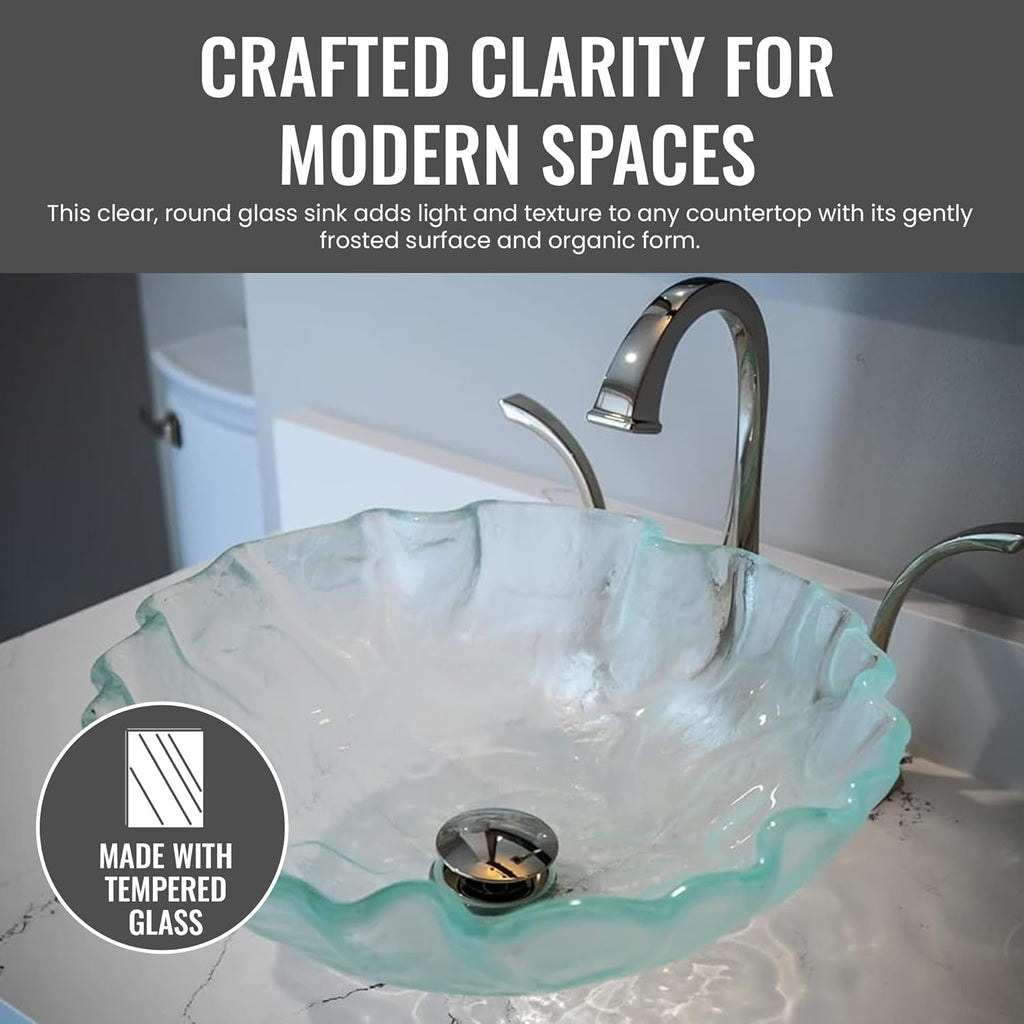 Eden Bath Clear Free-Form Wave Rim Round Glass Sink Bowl Bathroom Vessel Sink for Vanity Top