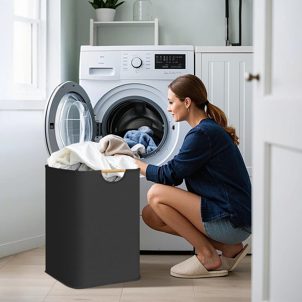 3-Pack Collapsible Laundry Hamper with Bamboo Handles, Black