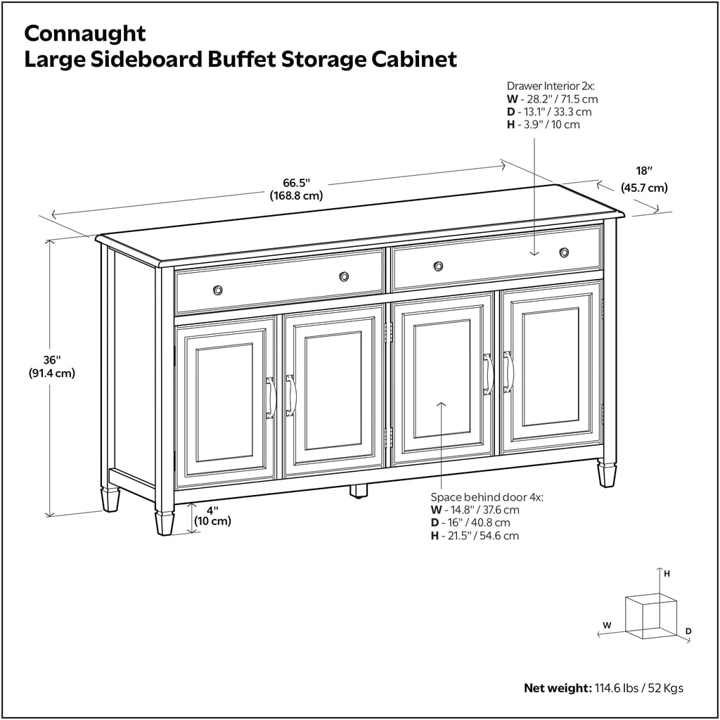 Connaught Buffet - 67 inch Wide Solid Wood 4 Door Sideboard Cabinet in Dark Chestnut Brown