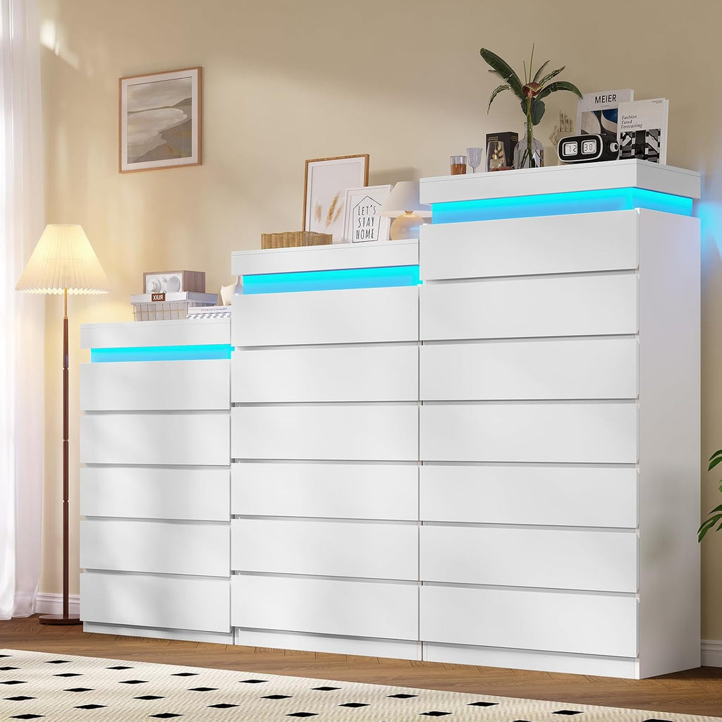 Tall 7 Drawer Dresser with LED Light, White Modern Chest of Drawers ,Closet Dressers with Drawers