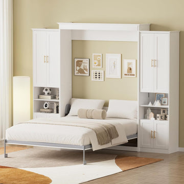 Queen Murphy Bed with 6 Adjustable Shelves & Storage Cabinets, Foldable Space-Saving Queen Wood Wall Bedframe with USB Charging Port, Hidden Bedframe for Bedroom, Guest Room, White