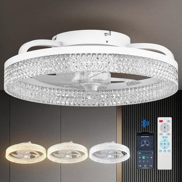 Modern Ceiling Fans with Lights and Remote, Flush Mount, 20 Inch Bladeless Ceiling Fan with Light, Low Profile Ceiling Fan, Reversible, 3CCT, Dimmable, Quiet, Ceiling Fans for Bedroom, White