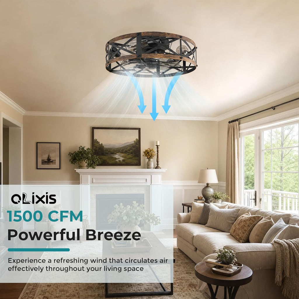 Ceiling Fans with Remote, Farmhouse Ceiling Fan, 19 Inch Low Profile Caged Fandelier, Flush Mount with 6 Wind Speeds