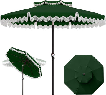 9ft Patio Umbrella with Fringe Tassels, Wind-Resistant Fiberglass Ribs - Dark Green