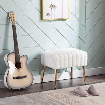 Tufted Faux Fur Vanity Ottoman Stool, Bedroom Footrest Chair White