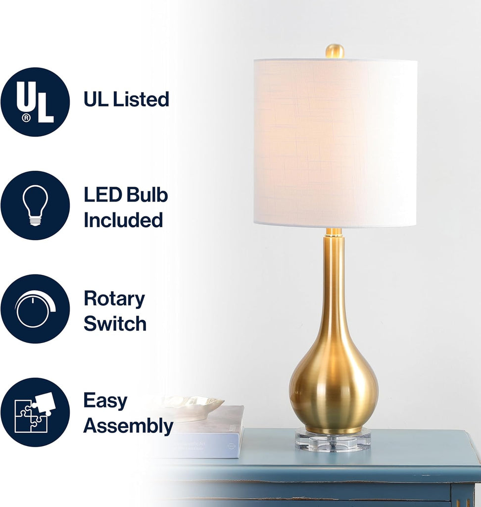 25" Brass Gold Metal and Crystal Teardrop LED Table Lamp Living Room Bedside Nightstand, White Linen Drum Shade