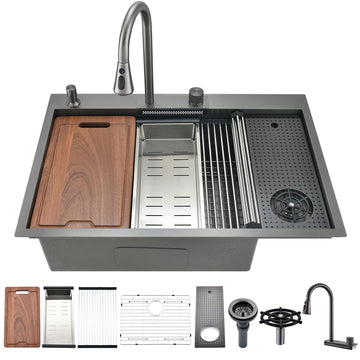33 Inch Waterfall, 33x22 Drop In and Faucet Combo Black Stainless Steel Top Mount 16 Gauge Workstation Single Bowl