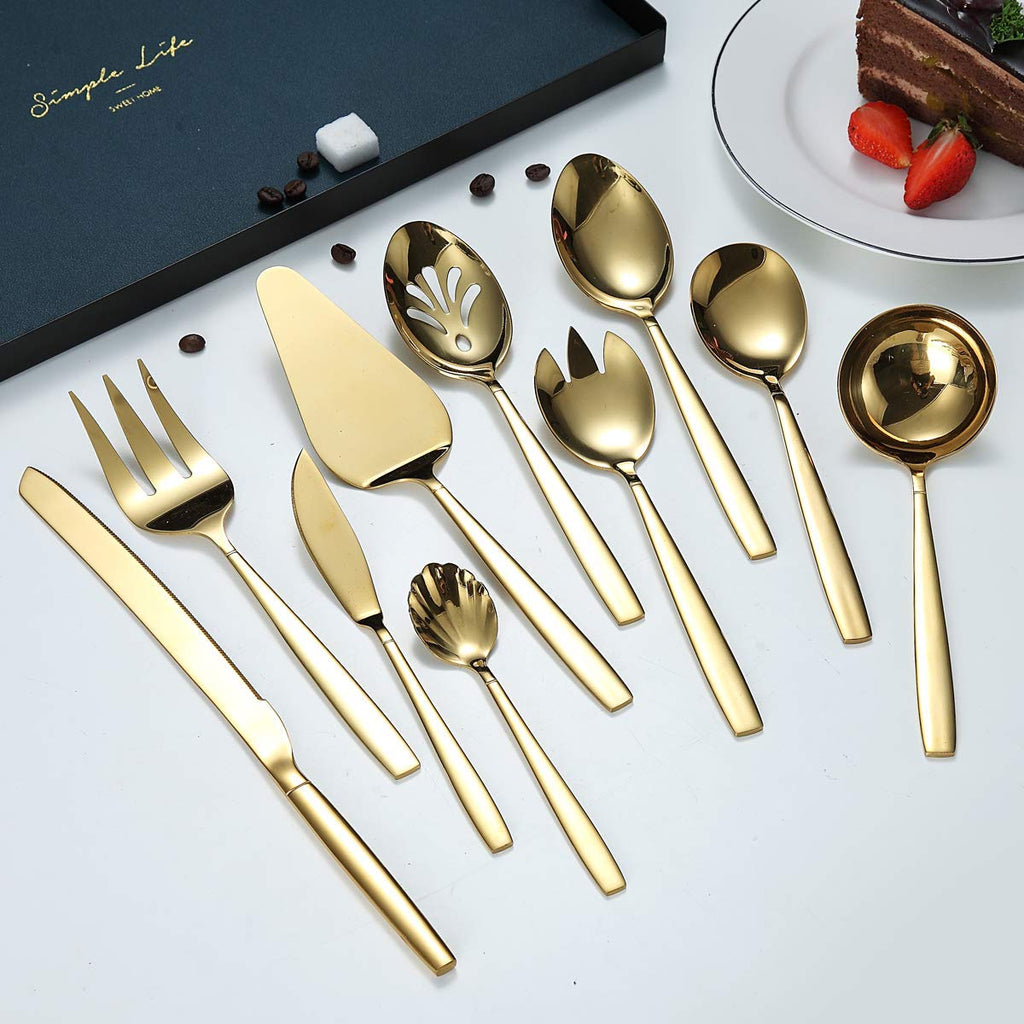 Gold Serving Utensils 10 Pieces, Titanium Golden Plating Serving Spoons, Included Cake Knife Cake Server Serving