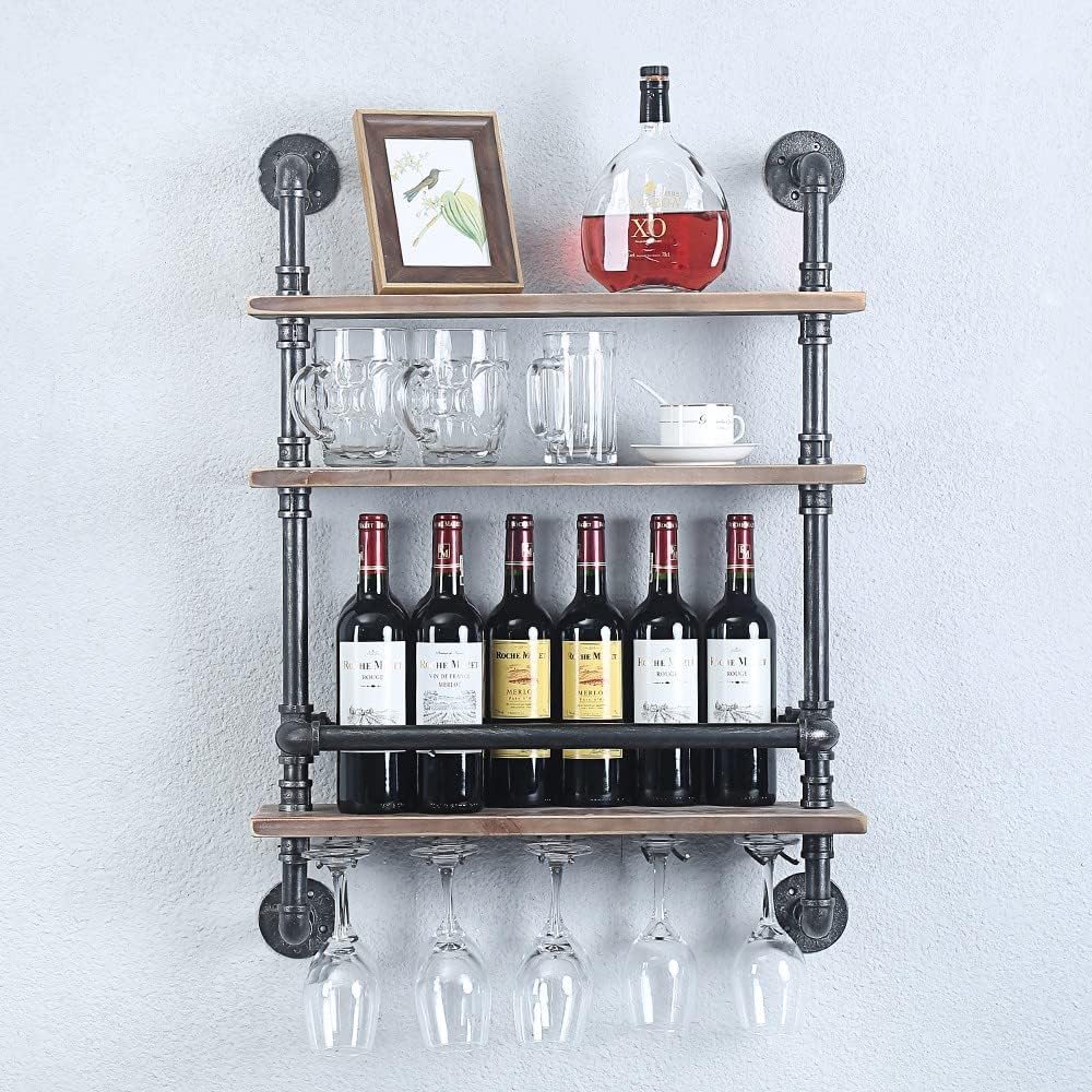 Floating Bar Shelves,Wine Rack Wall Mounted,Wine Glass Holder Wood Shelf | Industrial Pipe,Solid Pine Wood,Easy to