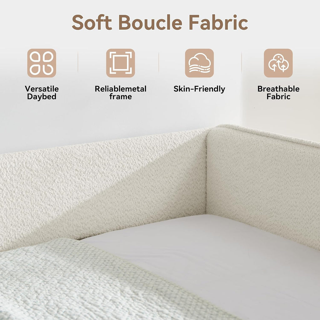 Full Daybed with Pop Up Trundle, Boucle Upholstered Daybed with Trundle, Full to King Expandable Day Bed with Wood
