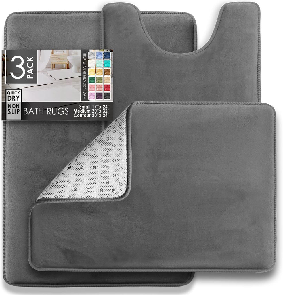 3 Piece Bathroom Rugs Bath Mat Set, Velvet Memory Foam Bath Mats - Non-Slip, PVC Backing Bath Rugs, Washable - Dries