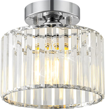 Crystal Chrome Semi Flush Ceiling Light 8.66 Inch | Modern Metal Close To Ceiling Light Fixture Bedroom Kitchen