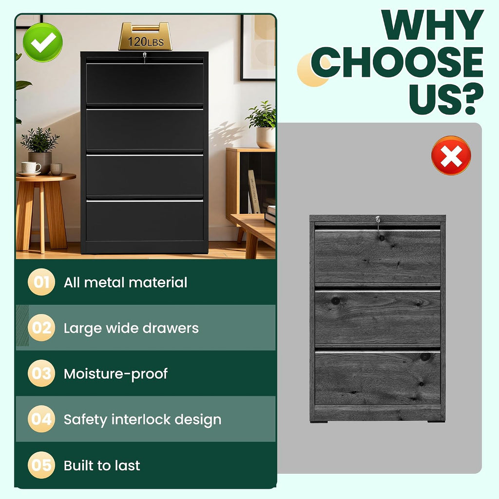 4 Drawer Lateral File Cabinet with Lock, File Cabinet ,Black | Heavy-Duty Steel Locking File Cabinet, Hanging