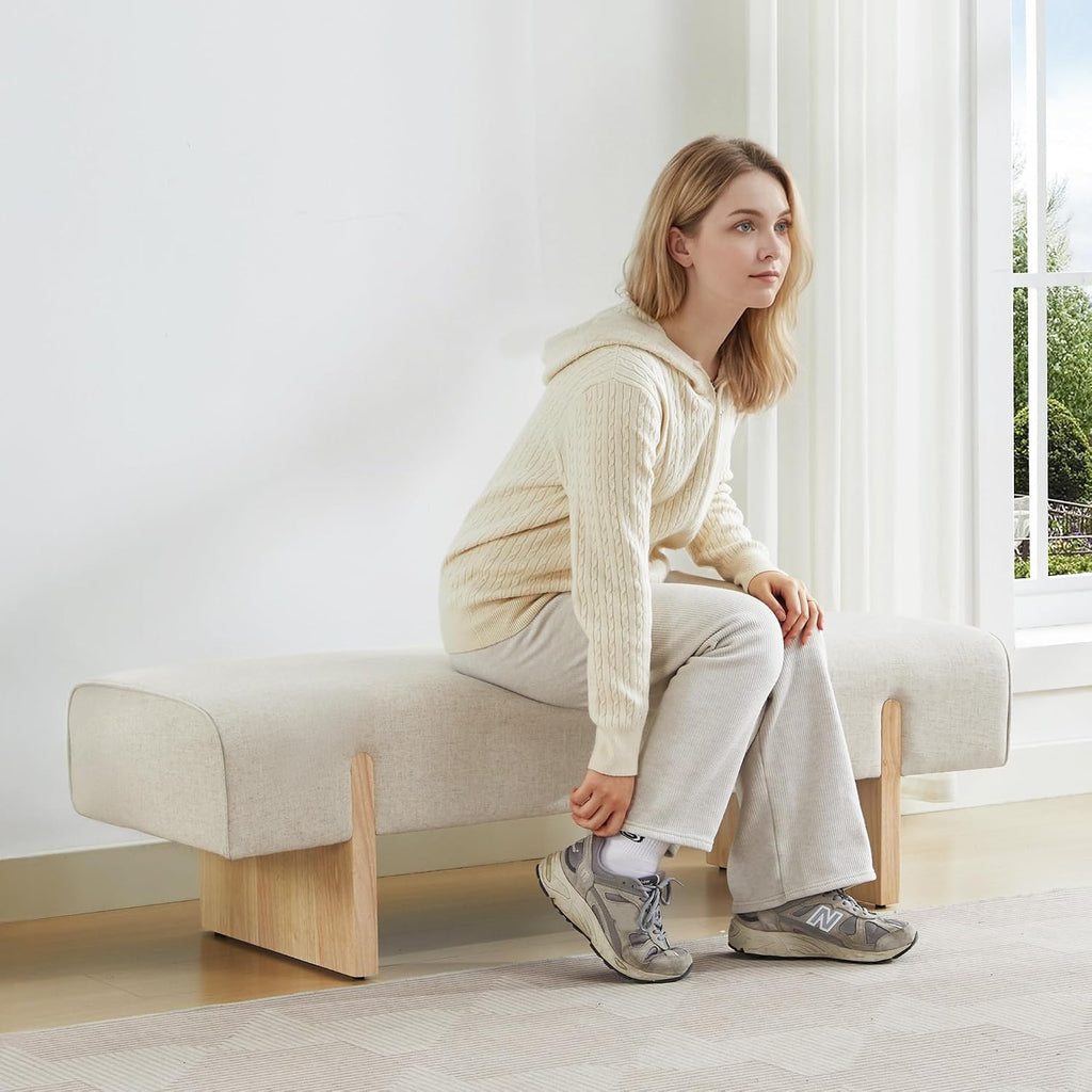55'' Upholstered End of Bed Bench, Linen Entryway Bench with Solid Wood Legs, Farmhouse Wooden Dining Room Bench