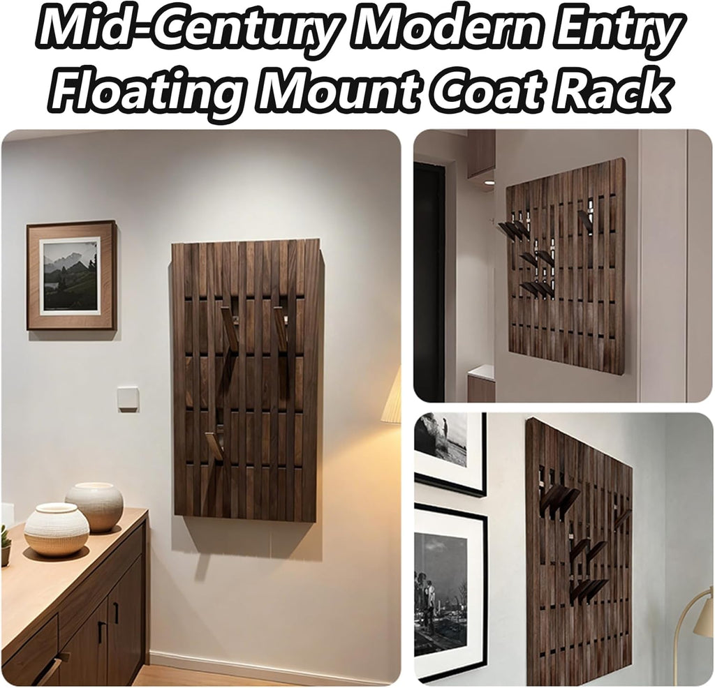 Mid-Century Modern Entry Floating Mount Coat Rack, Wall Mounted Wooden Clothes Hanger Coat Rack, Flip-Down Unique