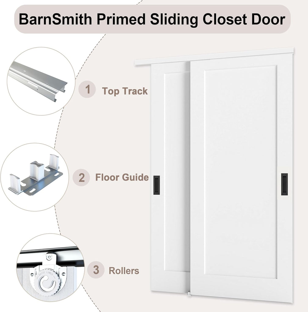 72x80 in 1-Panel Sliding Closet Door, White Primed Bypass Interior Door with Top Track & Floor Guide