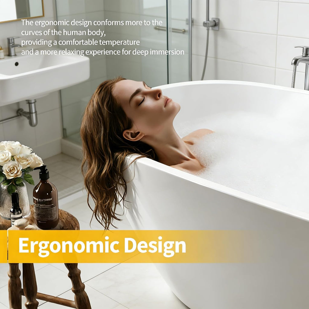 67" Deep Soaking Bathtub, Non-Slip Acrylic Tub with Chrome Drain, cUPC Certified, Ergonomic Modern Bath for Bathrooms