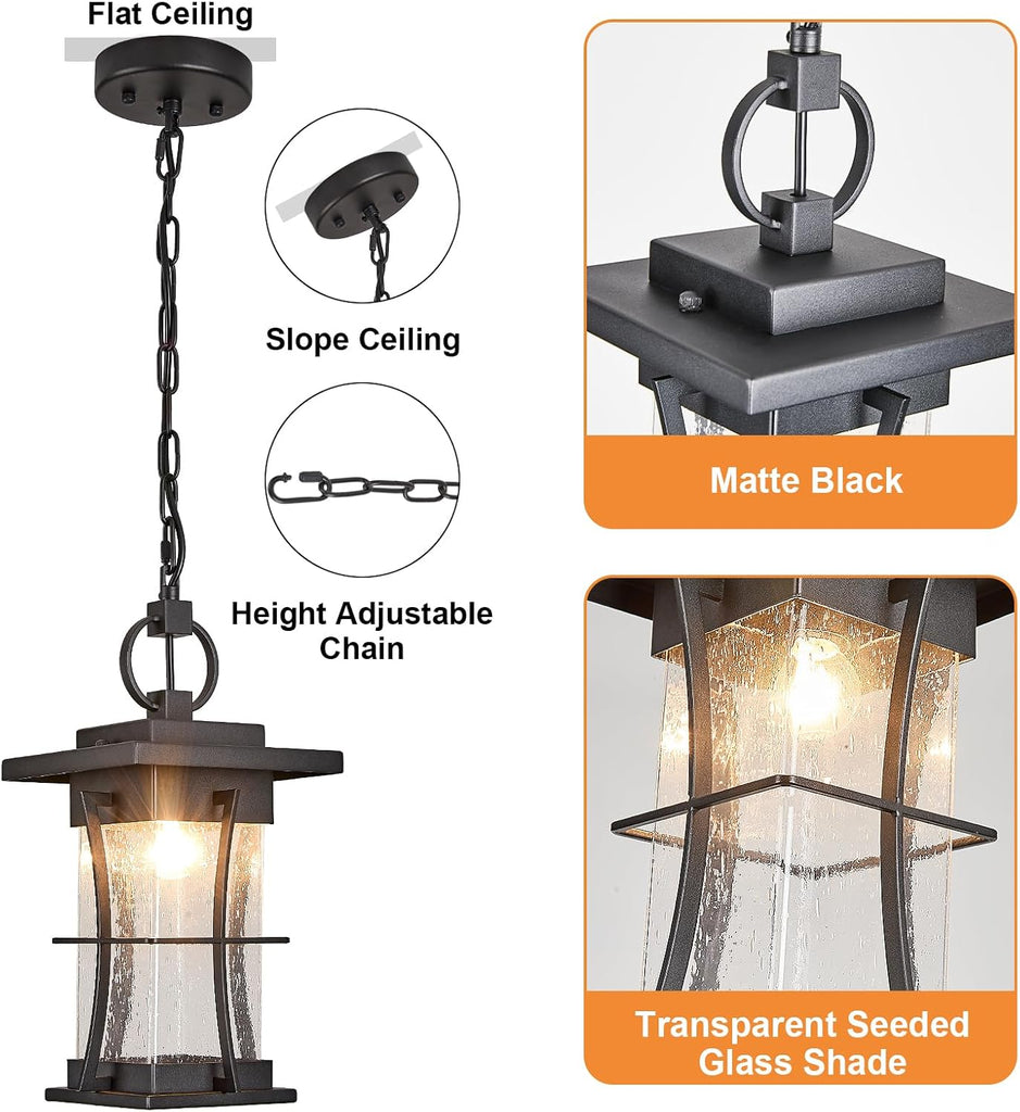 Outdoor Pendant Light, 14" H Large Hanging Lantern with Seeded Glass
