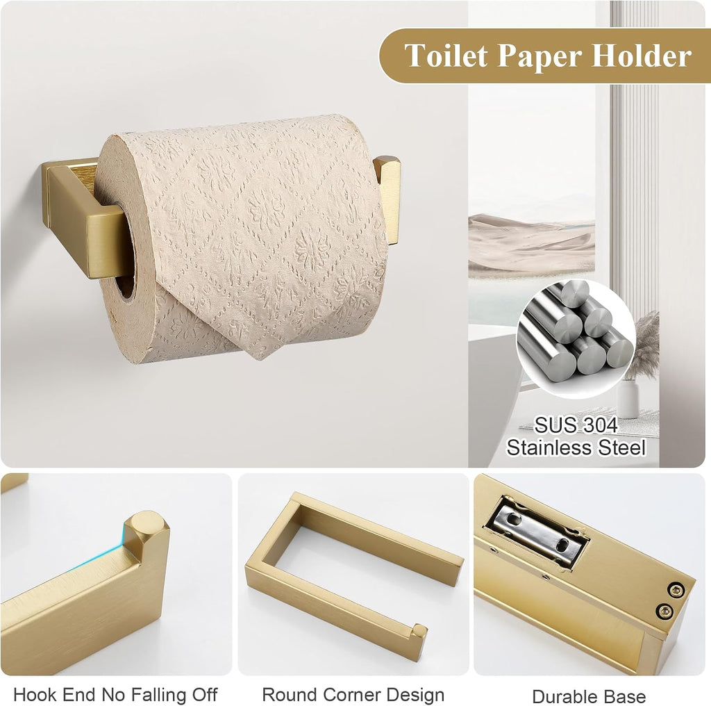 Brushed Gold Bathroom Accessories, Toilet Paper Holder, Towel Bar and Hook | 3 Pieces Bathroom Hardware Set, SUS304