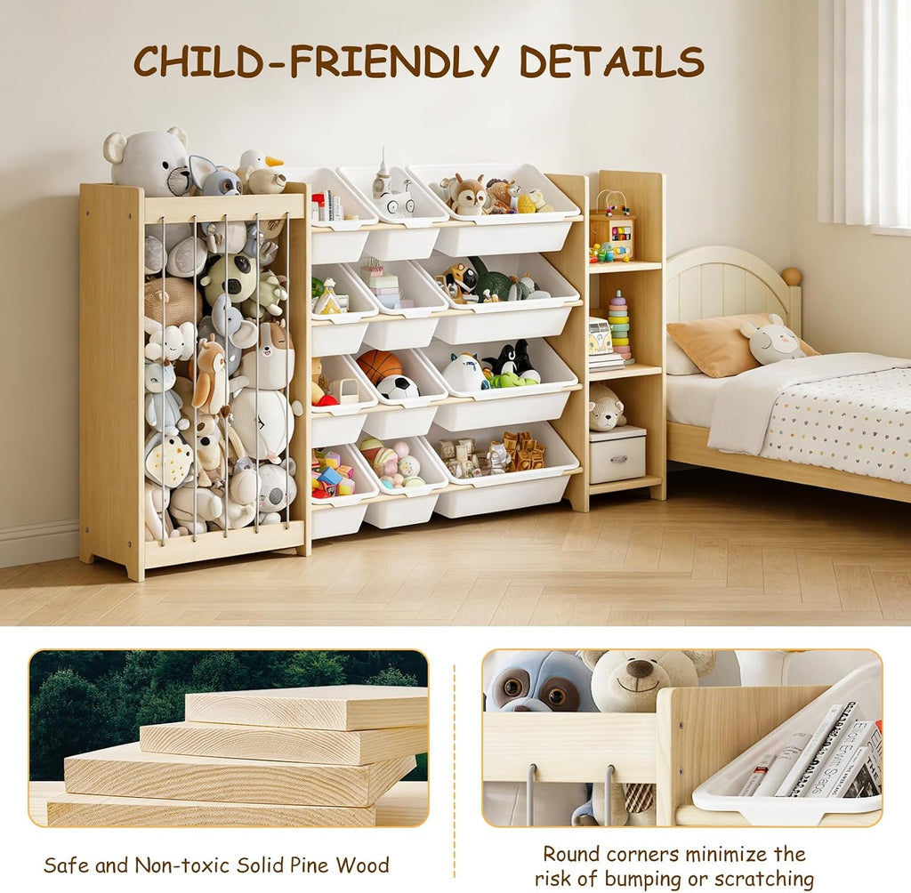 3-in-1 Toy Storage Organizer, Stuffed Animal Holder & 3-Tier Bookcase, Solid Wood Toy Organizer with 12 Storage Bins