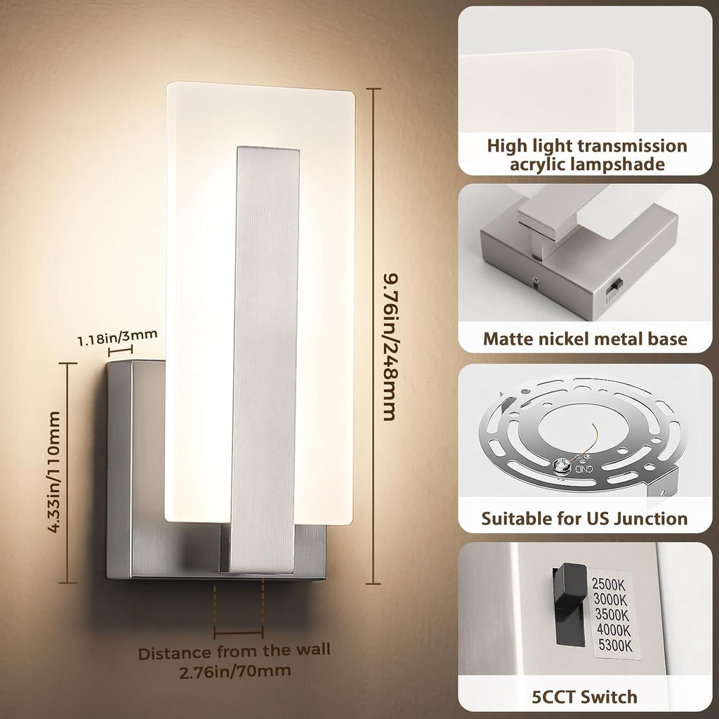Modern LED Wall Sconces, Set of Two, 5CCT Dimmable Hardwired Wall Mounted Lights, 9.76 Inch Brushed Nickel Indoor
