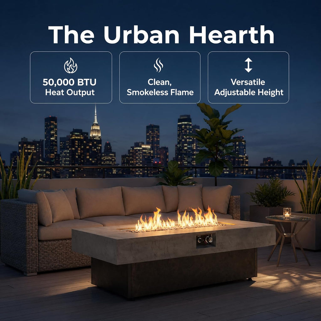 56" Fire Table 50000 BTU, Rectangle Outdoor Patio Heater | Brown & grey steel frame, 56x23x18 in, 3 heights