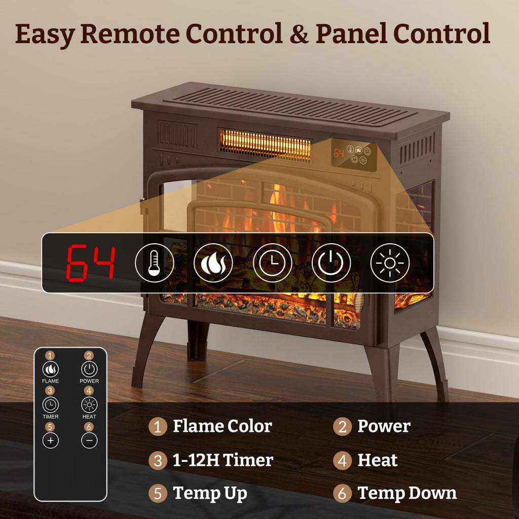22" Freestanding Electric Fireplace with Remote Control, Brown
